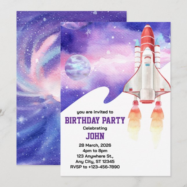  Watercolor Space Galaxy Astronaut Birthday  Invitation (Front/Back)