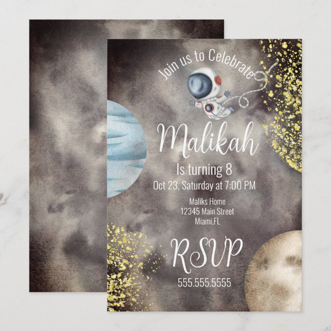 Watercolor Space Galaxy Planet Sky Birthday Party  Invitation (Front/Back)