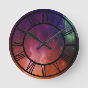 Watercolor Space Orange Blue Universe Star Nebula Round Clock