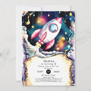 Watercolor Space Rocket Birthday Invitation