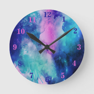 Watercolor Space Universe Star Nebula Pink Blue Round Clock