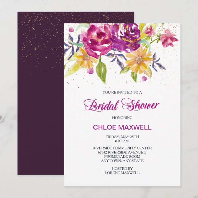 Watercolor Sparkle Rose Bouquet Bridal Shower Invitation (Front/Back)
