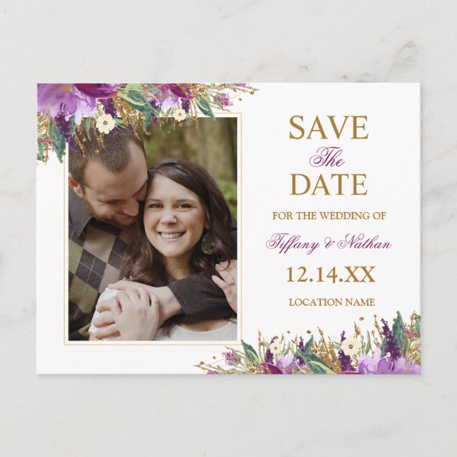 Watercolor Sparkling Amethyst Save the Date Photo Announcement Postcard (Front)
