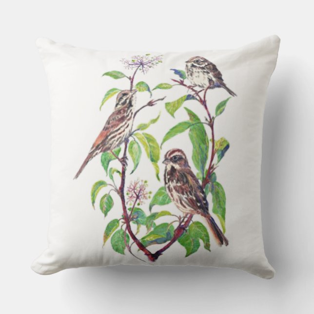 Watercolor Sparrow Bird Family Nature Art Outdoor Cushion (Front)