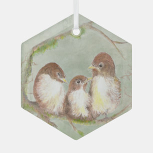 Watercolor Sparrow Bird Family Wildlife Art Glass Tree Decoration