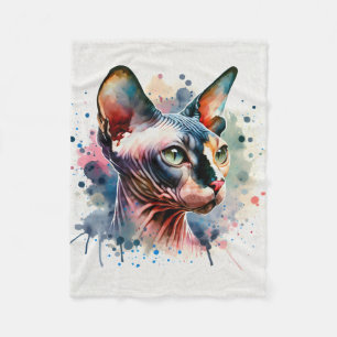 Watercolor Sphynx Cat Artistic Portrait Fleece Blanket