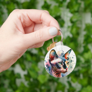 Watercolor Sphynx Cat Artistic Portrait Key Ring