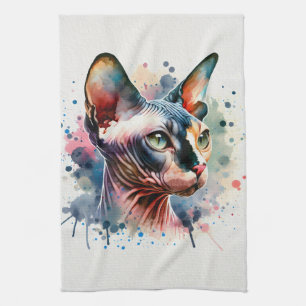 Watercolor Sphynx Cat Artistic Portrait Tea Towel