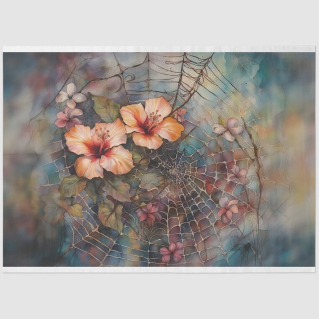 Watercolor Spiderweb Hibiscus Decoupage Paper  (Front)