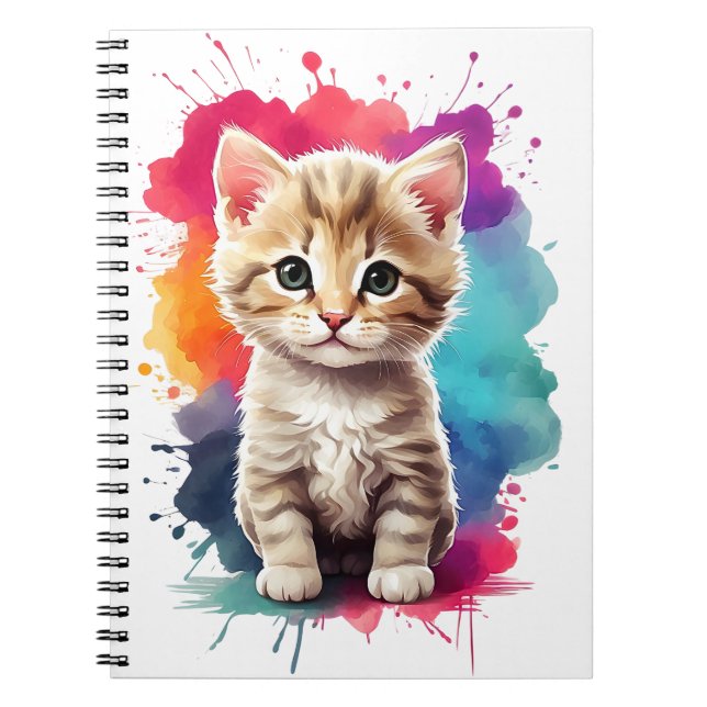 Watercolor Splash Art Cute Kitten Splatter Paint Notebook (Front)