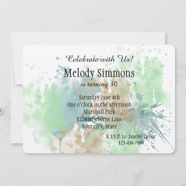 Watercolor Splash Birthday Invitation (Back)