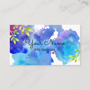 Watercolor Splash Blue, Purple Abstract Leaves Business Card