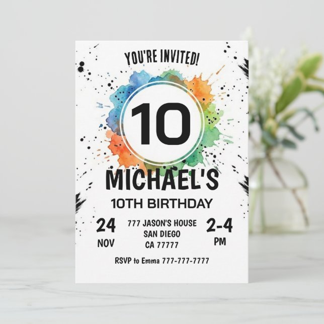 Watercolor Splash Boy 10th Birthday Invitation (Standing Front)