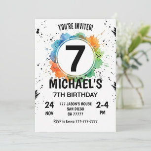 Watercolor Splash Boy 7th Birthday Invitation