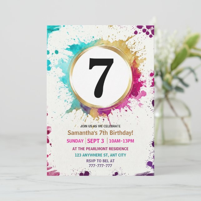 Watercolor Splash Boy 7th Birthday Party Invitation (Standing Front)