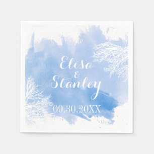 Watercolor splash coral reef blue wedding napkin