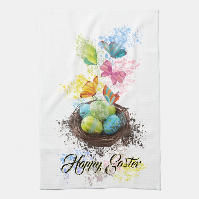 Watercolor Splash Easter Eggs Nest & Butterflies Tea Towel (Vertical)