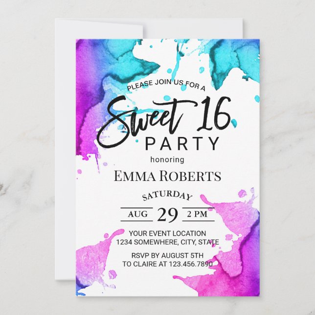 Watercolor Splash Elegant Typography Sweet 16 Invitation (Front)