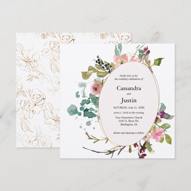 Watercolor Splash Floral Invitation (Front/Back)