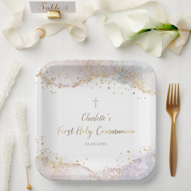 watercolor splash glitter First Communion Paper Plate (Wedding)