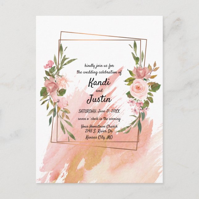 Watercolor Splash Pink Floral Geometric Wedding Postcard (Front)