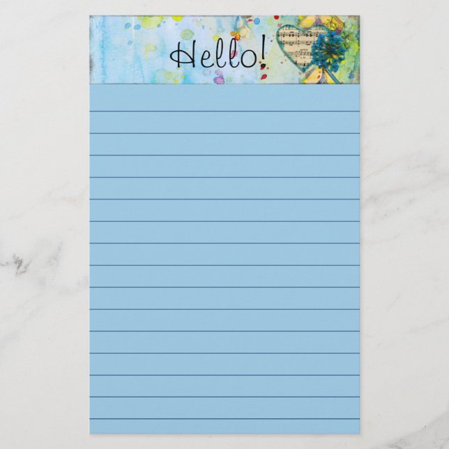 Watercolor Splash Sheet Music Heart Lined Stationery (Front)