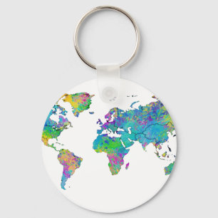 Watercolor Splashes World Map Key Ring
