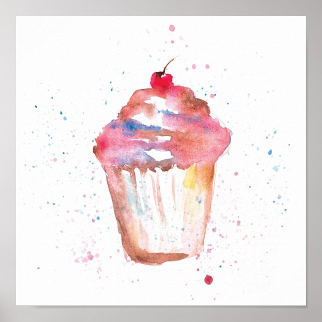 Watercolor, splashy Cupcake rendering cherry on to Poster (Front)