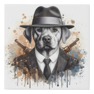 Watercolor Splatter Art Gangster Dog in Suit Tie Faux Canvas Print
