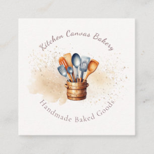 Watercolor Splatter Kitchen Utensils Square Business Card