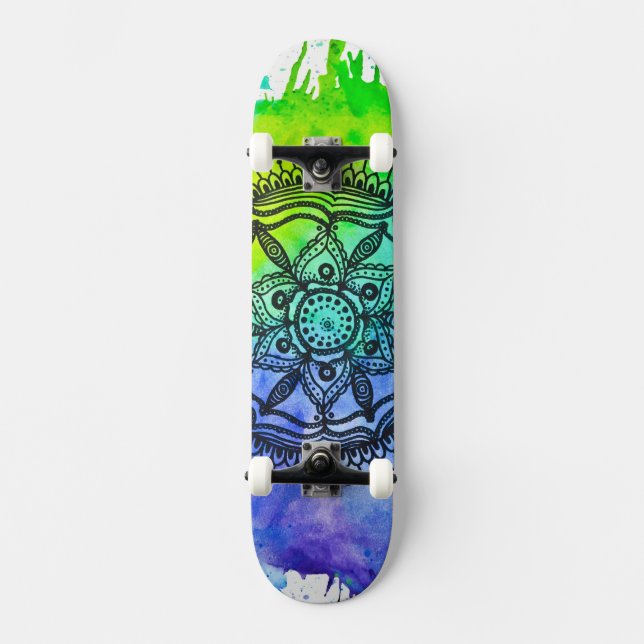 Watercolor Splatter Mandala Skateboard | Megaflora (Front)