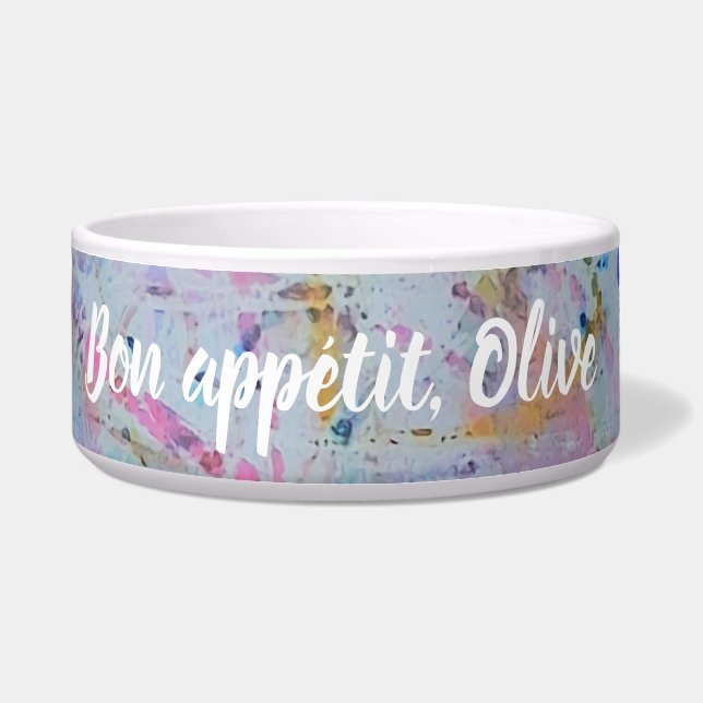Watercolor Splatter Pet Bowl: Bon Appetit (Front)