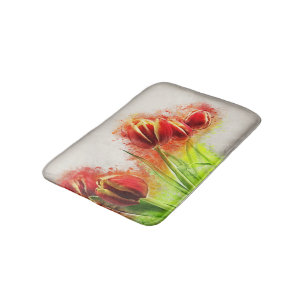 Watercolor Splatter Red Yellow Tulips Floral  Bath Mat