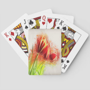 Watercolor Splatter Red Yellow Tulips Floral Playing Cards