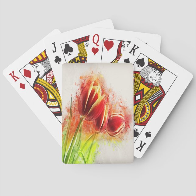Watercolor Splatter Red Yellow Tulips Floral  Playing Cards (Back)