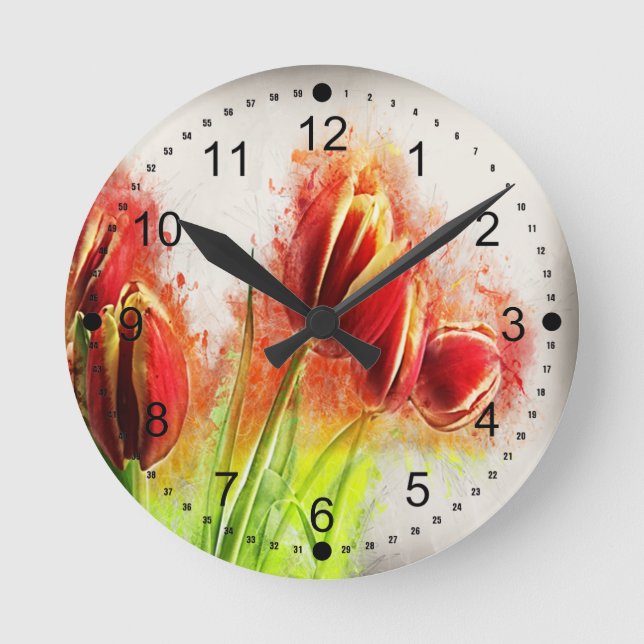 Watercolor Splatter Red Yellow Tulips Floral  Round Clock (Front)