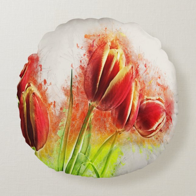 Watercolor Splatter Red Yellow Tulips Floral  Round Cushion (Front)
