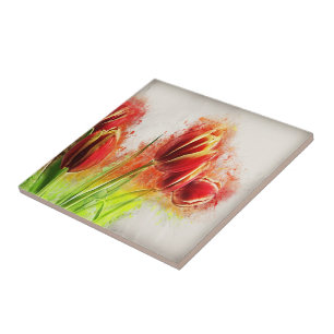 Watercolor Splatter Red Yellow Tulips Floral Tile