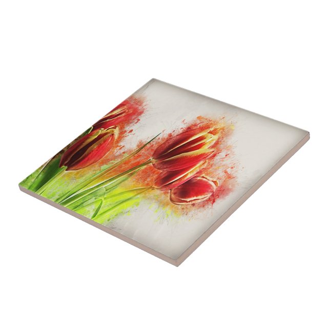 Watercolor Splatter Red Yellow Tulips Floral  Tile (Side)