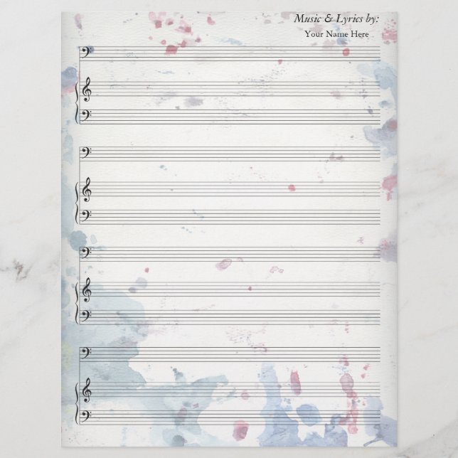 Watercolor Splatters Blank Sheet Music Bass Clef (Front)