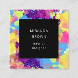 Watercolor Splatters Stain Colourful Black Abstrac Square Business Card