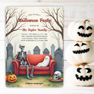 Watercolor Spooky Cute Skeleton Ghost Halloween Invitation