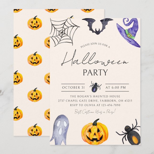 Watercolor Spooky Fun Halloween Party Invitation (Front/Back)