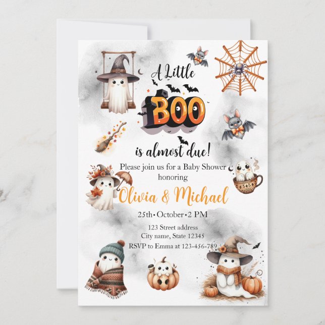 Watercolor Spooky Little Boo Is Almost Due Baby Invitation (Front)