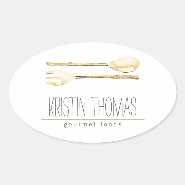 Watercolor Spoon and Fork Catering Oval Sticker (Front)
