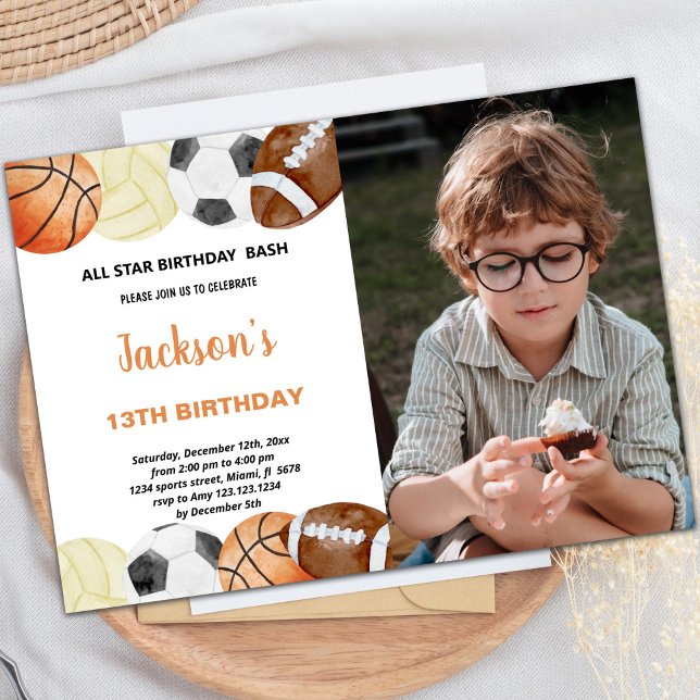 Watercolor Sports Birthday Invitation with Photo (Watercolor Sports Birthday Invitations with photo)