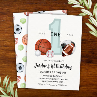 Watercolor Sports "Born to Ball" 1st Birthday  Invitation