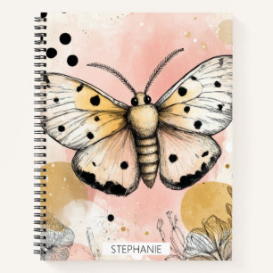 Watercolor Spotted Tiger Moth Pink Gold Boho Art 1 Notebook