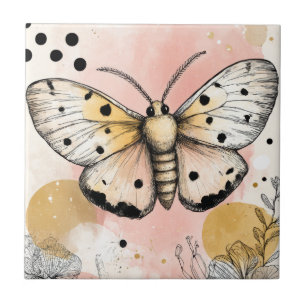 Watercolor Spotted Tiger Moth Pink Gold Boho Art 1 Tile
