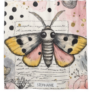 Watercolor Spotted Tiger Moth Pink Gold Boho Art 2 Shower Curtain